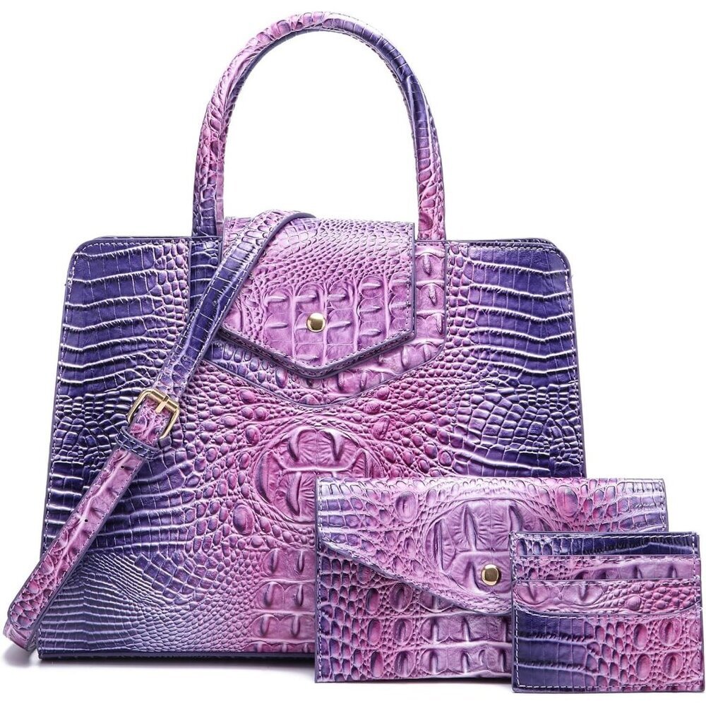 Women's Purple Vegan Leather 3 pcs Set Top Handle Embossed Pattern Satchel Bag